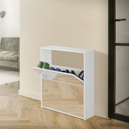 ML-Design Schuhschrank mit 2 Fächern, Schuhkipper für 6 Paar Schuhe, Verspiegelt, Weiß, 63x17x67 cm, Schuhkommode mit 3 Klappen, Schuhablage Schuhregal Schuhständer Schuhaufbewahrung Schuhständer