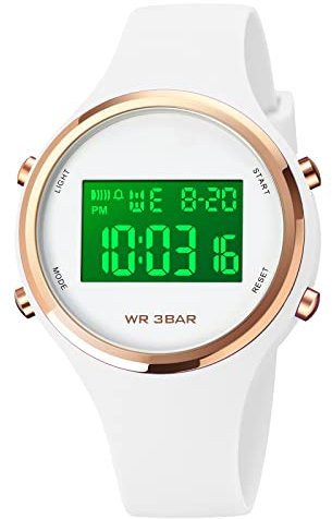 Forrader Digitale Uhren für Damen, modisch, Outdoor, Sport, wasserdicht, Mädchenuhren mit Silikonband, Stoppuhr, Wecker, Kalender, LED-Multifunktionsarmbanduhr, 1720 weiß, Armband