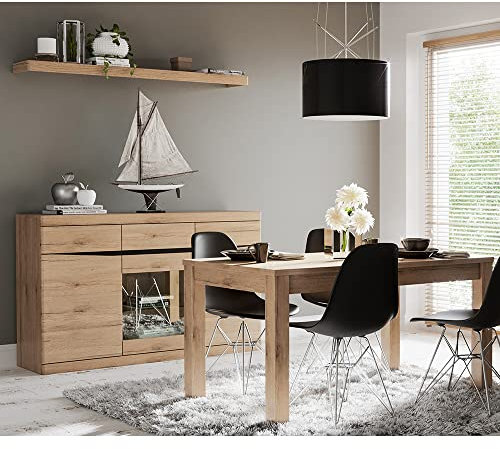 Lomadox Esszimmer Set mit Esstisch ausziehbar erweiterbar 140-180 cm Synchronauszug Sideboard Wandregal Glasboden LED Beleuchtung Eiche Nb. Wenge braun grifflos