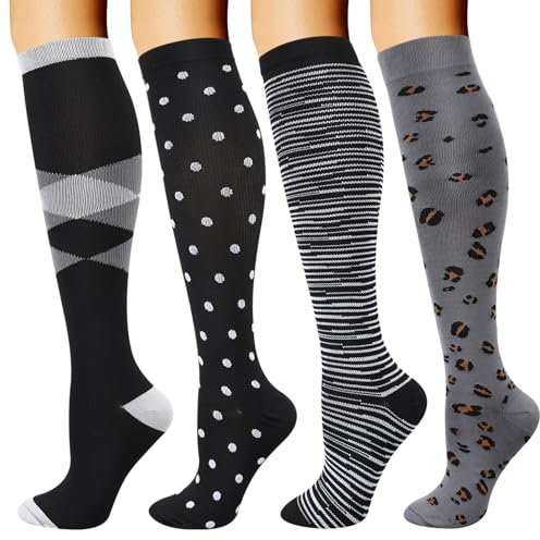 DRESHOW 4 Paires Chaussettes de Compression pour Femmes & Hommes Circulation pour Athlétisme,Course,Cyclisme,Voyage