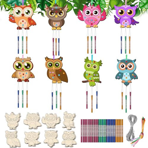 16tlg Windspiel Bastelset Kinder, Eule Holz Valentinstag Basteln Klangspiele Bastelsets Holz Windspiel Basteln für Draußen Hängend mit Diamant Aufkleber Handwerk Geburtstag Geschenke Kreativsets