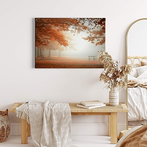 A.S. Création Leinwandbild Wald im Herbst - Kunstdruck braun orange - 70x50 cm Querformat - moderne Wanddekoration Schlafzimmer Wohnzimmer Küche - Bild auf Keilrahmen