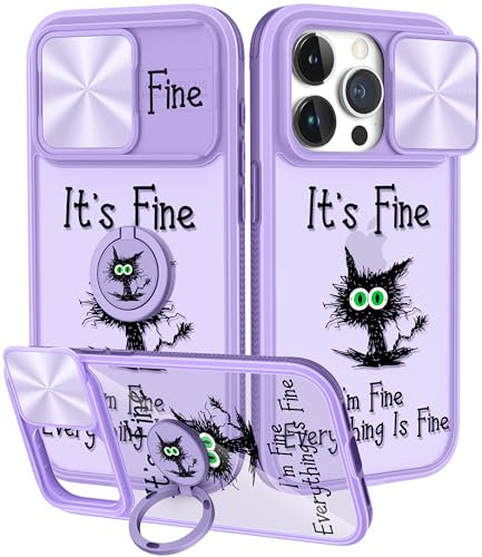 Plakill for iPhone 15 Pro Case with Slide Camera Cover, Cat Cases for iPhone 15 Pro with Ring Holder, Purple Cat Stylish Aesthetic Designer Slim Protective Cover for 15 Pro