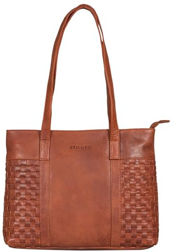 STILORD 'Verena' Echt-Leder Shopper Damen Schultertasche Flecht-Optik mit langen Henkel Handtasche Umhänge-Tasche für Schule Arbeit Shopping Vintage Tote Bag Echtleder, Farbe:arona - braun