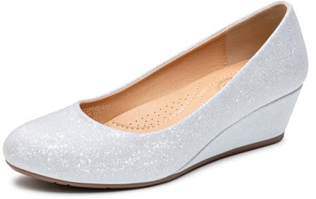 Trary Damen-Pumps mit Keilabsatz, runde Zehen, mittelhohe Absätze, bequem, geschlossene Zehen, elegante Schuhe, Damen-Pumps, Keilschuhe für Hochzeit, Arbeit, Büro, Party, Silber Glitter, 42 EU