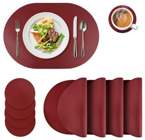 Tischsets Platzsets 4er Set,Platzdeckchen Abwaschbar, Wasserdicht Platzset Leder und Runde Untersetzer, Platzset Kinder,Abgrifffeste Hitzebeständig Platzdeckchen für Küche Speisetisch,Tischset Weinrot