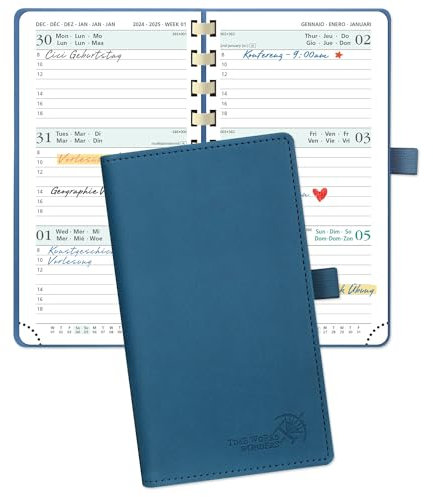 POPRUN Taschenkalender 2025 Klein 16,5 x 9 cm (Aug.2024-Dez.2025) - Kalender 2025 Klein Ringbuch mit Softcover - Terminplaner, Planer 1 Woche 2 Seite mit Kartenschlitz - Marineblau