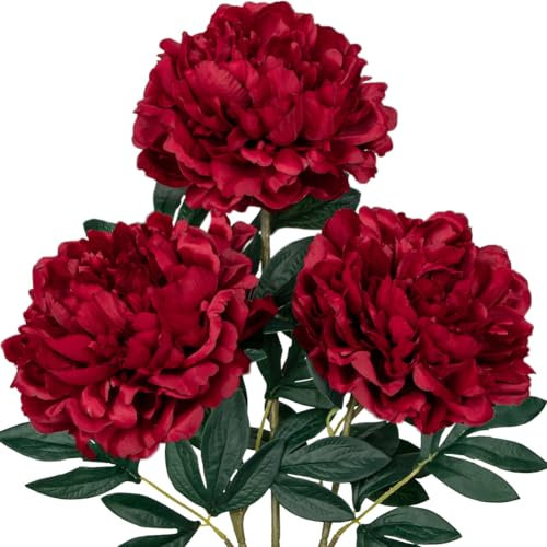 3PCS 74CM Künstliche Pfingstrosen Stiel Kunstblumen Wie Echt, Künstliche Rosen Dunkelrote Pfingstrosen,Vintage Künstliche Blumen Bouquet für Braut Hochzeit Home Party Blumengesteck