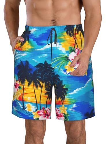 Palm Tree. Costume da bagno da uomo ad asciugatura rapida, con fodera e coulisse elastica in vita, per il divertimento estivo, bianco, XL
