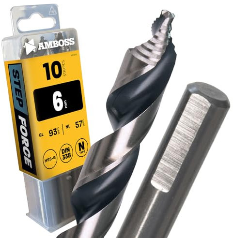 AMBOSS WERKZEUGE® Lot de 10 forets hélicoïdaux Step Force Ø 6,0 mm – HSS-G DIN 338 pour acier, acier doux, aluminium, métaux non ferreux AMBOSS WERKZEUGE® Foret tôles, profilés – Hexagonal pour