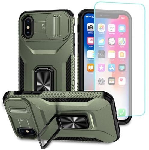 Wanyuexes Hülle für iPhone XS Max mit Schutzfolie, Kameraschutz Kartenschlitz, 360° Metall Ring Ständer Stoßfest Handyhülle für Apple iPhone XS Max Grün
