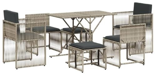 vidaXL Garten Essgruppe 7-TLG., Gartenmöbel Set mit Kissen, Gartengarnitur Tisch 4 Stühle 2 Hocker, Sitzgruppe Sitzgarnitur, Hellgrau Poly Rattan