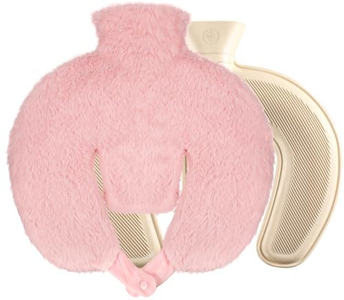 U-Shaped Hot Water Bottle With Removable Plush Cover - 1L Natural Rubber for Neck and Shoulder Pain Relief - Light Pink