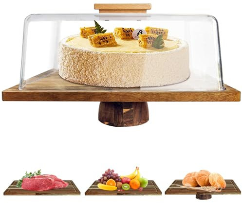 NEW NOAM Rechteckiger Tortenständer aus Holz mit Deckel – Multifunktionaler Tortenständer aus Holz – Charcuterie Board, Acrylabdeckung bruchsicher – Akazienholz
