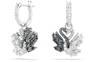 Swarovski Swan Drop-Ohrhänger, Schwarze Ohrringe im Metallmix mit Schwan-Motiv und Strahlenden Swarovski Kristallen in Schwarz und Weiß, Größe: 2.5 x 1.4 cm