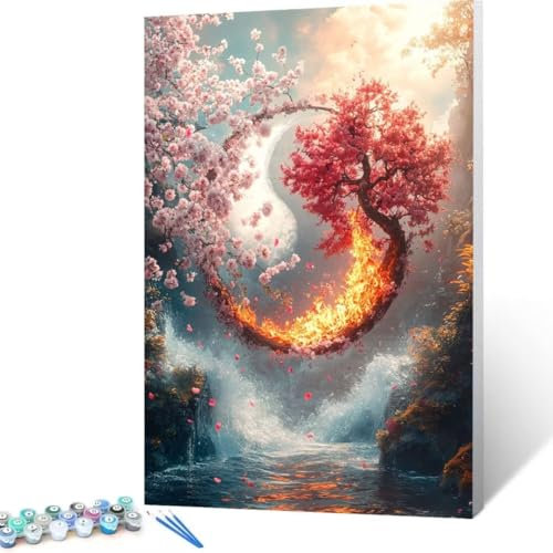 Blume Malen Nach Zahlen Erwachsene, Malen Nach Zahlen DIY Handgemalt Ölgemälde Kit für Anfänger und Erwachsene, Paint by Numbers Basteln mit Pinseln Home Wand Dekor, Ohne Rahmen 100x135 cm Baum U-g3