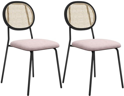HOMCOM Pack de 2 Sillas de Comedor Sillas de Cocina con Respaldo de Ratán Sintético y Marco de Acero para Salón 44x54x87 cm Rosa y Negro