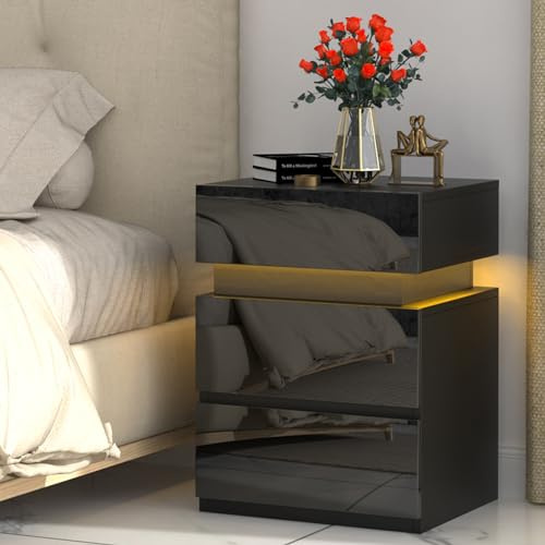 PIPIPOXER Nachttisch mit LED-Beleuchtung, Nachttisch Schwarz Hochglanz Beistelltisch, Einstellbare Farben, Sofatisch 3 Schubladen, Nachtschrank Schlafzimmer, Modern, 35x40x55cm, Schwarz