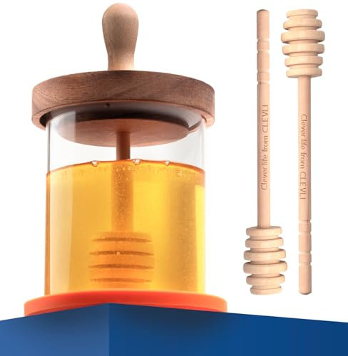 CLEVLI 12 oz Honey Pot Set with Silicone Mat, Airtight Wooden Lid, 2 Extra Dippers & Custom Gift Box | Glass Container Honey Jar for Honey & Syrup | Durable & Stylish Kitchenware Food Storage