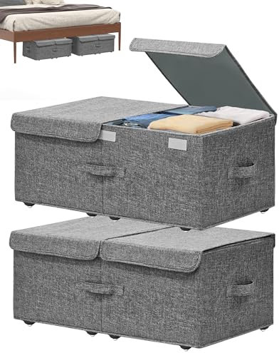 Hoyula Under Bed Storage Container with Wheels, 2 Pack 10 High Deep Underbed Rolling Box Storage Bins Drawers with Lids for Bedroom, Dorms, Clothes, Shoes, Blankets, No Assemble Required, Gray
