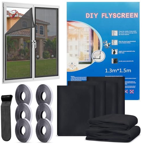 Fliegengitter Fenster,6 Stück Insektenschutz Fenster mit 6 Rollen Klebeband,Fliegengitter Selbstklebend,130x150cm Fliegengitter Fenster Ohne Bohren,Mückennetz Fenster