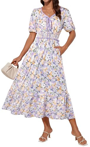 GRACE KARIN Abito estivo da donna, elegante, a maniche corte, con scollo a V, in vita elasticizzata, Fiore Giallo Viola, XXL