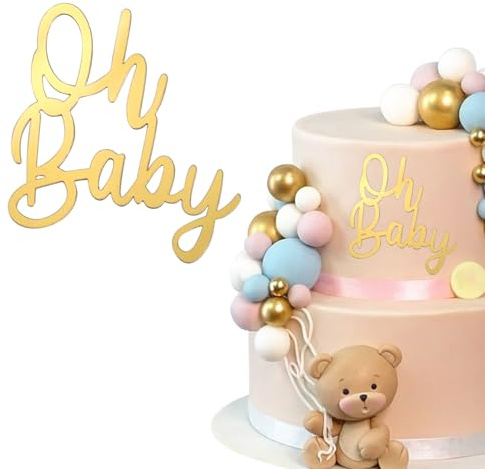 LunarCharm Oh Baby Cake Topper Gold Acryl, Oh Baby Kuchen Topper Party Tortendeko Baby Shower Deko, Partydeko, Windeltorte für Gender Reveal Torten Deko