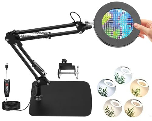 Lupe mit Licht und Ständer, CS COSDDI 10X LED Lupenleuchte mit Klemme, 5 Einstellbare Farben und 7 Helligkeitsstufen, als Diamond Painting Zubehör, Lupenlampe für Lesen Basteln Juweliere Modellbau