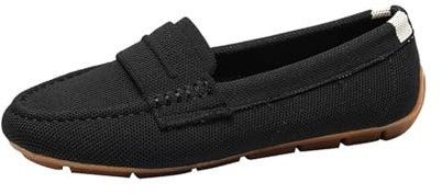 Leichte Strick-Loafer für Damen, Fahr-Loafer, lässiger Slip-On, Flache, Bequeme Bootsschuhe, atmungsaktive Schuhe mit flachem Hub Schuhe Damen Gefüttert (Black, 42)