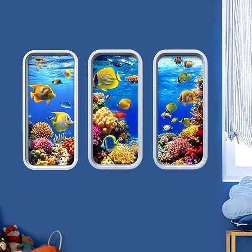 HGDESIGN® Wandtattoo Wandaufkleber 3D Fenster Aquarium Delphin Fisch Unterwasserwelt Kinderzimmer Babyzimmer Wohnzimmer Badezimmer Wandsticker Wanddeko Selbstklebend (A)