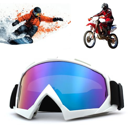 Tuwyii Vielseitige Motocross Brille & SkiBrille: Anti-Beschlag | Verspiegelte Verglasung | Leichtgewicht | Für Motocross, Offroad, Mountainbikes, Schneesport | UV400 Schutz (Weiß/Blau)