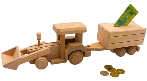 Nachhaltige fahrbare Holz - Spardose, Sparbüchse als Bagger, Radlader - Spardose, Sparbagger aus Holz, Kinderspardose Bagger, Baggersparbüchse mit Hänger aus Buchenholz, L/B/H 42 x 8 x 12 cm.
