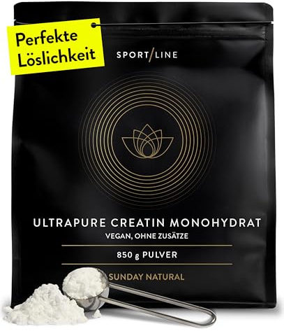 SUNDAY NATURAL® Creatin Monohydrat Pulver – 850g (250 Portionen) Ultrapure Kreatin Monohydrat - Mikrofeines Creatine Monohydrate für eine gute Aufnahme –nur Kreatin Pulver, ohne unnötige Zusätze,vegan