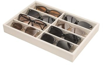Scatola porta occhiali con 8 scomparti in velluto beige, organizer occhiali da sole e vista, vassoio porta per cassetto, gioielli da cassetto e orologi, organizzatore impilabile per uomo e donna