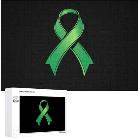 Green Ribbon Mental Health Awareness Funny Wooden Puzzle with Storage Box Adults Jigsaw Puzzles Challenge for Family Game Birthday Gift