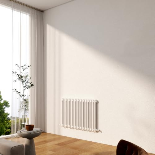 Horizontal Traditional 2 Column Cast Iron Radiator, 600x1010mm Gloss White Designer Cast Iron Rads, Radiators Wall Mounted Heater for Bedroom/Living Room, Central Heating Rad, Hall Radiator