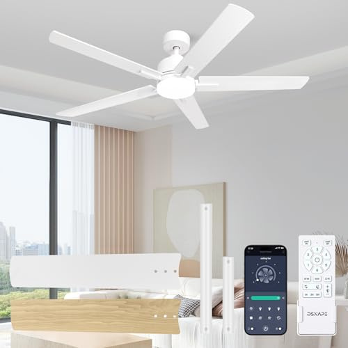 DSNAPE 52 White Ceiling Fan with Lights, Remote/APP Control Reversible Dimmable, Quite 6 Speed Reversible DC 5 Blade, Memory 3CCT Dimmable, Timer Sleep Mode Ceiling Fan for Living Room Bedroom Office