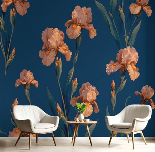 MIATCENRT Papier Peint Panoramique Minimalisme 3D, Papier Peint Muraux Photo Motif Fleurs D'Iris Feuilles Bleu marine, Murale Salon Tissu de Soie, Décoration Murale Chambre, 400x280cm (L×H)