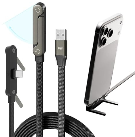 NKV USB A to USB C Cable， 65W Fast Charging Cable 5 FT， Invisible Stand Charging Cable，Flat USB c Cable,USB c Cable Right Angle，for iPhone 17 Series, Samsung Galaxy S25 S24 Ultra etc (Black)