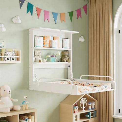 MSFE Table a Langer Bebe Table à Langer Murale Pliable en Bois, Commode a Langer Poupée - Ultra Compacte avec 2 Étagères Pratiques - Peu Encombrante - Supporte Jusqu'à 15 kg, Blanc