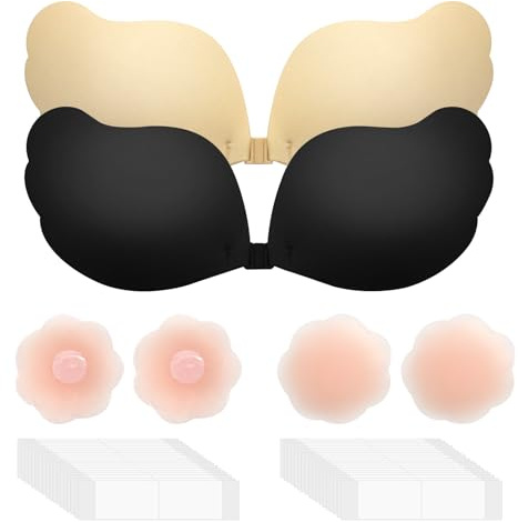 CATELL 2 Pcs Reggiseno Invisibile Riutilizzabile Reggiseno Adesivo Push Up Silicone Coppe Adesive Seno con 4 cuscinetti per capezzoli e 36 fasce per il corpo per Abiti da Sposa Costumi da Bagno