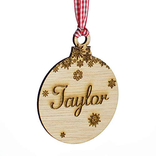 Rustic Charm Personalised Wooden Christmas Tree Decoration. Engraved Name Gift Xmas Bauble, Snowflakes Decor.