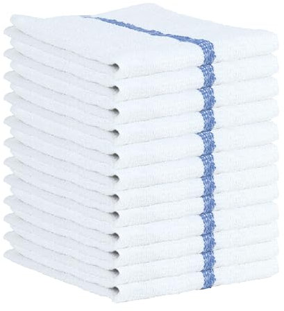 Arkwright Qwick WickTerry Bar Mop Towel Pack of 12, White with Blue Stripes Kitchen Towels, Restaurant Cleaning Towels, Rags for Home, Kitchen, Bars (16 x 19 Inch)