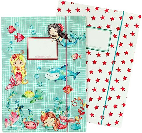 Papierdrachen 2 hochwertige Schulmappen für Kinder DIN A4 | Motiv Meerjungfrau - Postmappe für Grundschüler - Heftsammler - Sammelhefter - Set Nummer 1