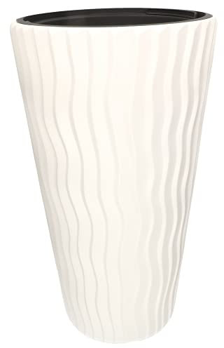 KOTARBAU® Macetero Alto 52 cm, Macetero con Maceta Interior, Macetero Blanco Efecto Ondulado 3D, Macetero con Inserto, Macetero Grande para Interiores y Exteriores, Macetas para Plantas, Plástico