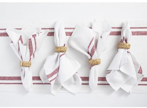 Solino Home Leinenstoff-Servietten 4er Set - 100% reines Leinen 20x20 Zoll Dinnerservietten für Frühling, Sommer, Muttertag - French Stripe, Handarbeit und Maschinenwaschbar - Burgunderrot und Weiß