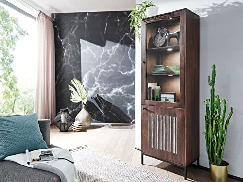 MJC Vitrine I WZ-0564 Mangoholz massiv lackiert Steinfurnier Metallgestell 200x65 cm