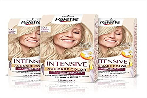 Schwarzkopf Palette Intensive Age Care – Tinte permanente 10.1 Rubio Muy Claro Ceniza – Pack de 3- Color rejuvenecedor con elixir de biotina