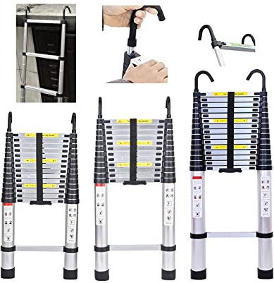 Teleskopleiter 5m Aluminum Ausziehbare Leiter mit Abnehmbarem Haken Anti-Rutsch Mehrzweckleiter Ausziehbar Tragbare Leiter für Loft/Kletterdach/Indoor Outdoor Arbeiten