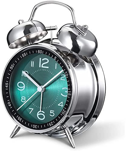 A5 Silent Non-Ticking Bedside Alarm Clock, 4 Metal Structure, Retro Vintage Design with Twin Bell, Perfect for Heavy Sleepers, Kids and Bedrooms. Analogue Quartz and Battery Operated. (GREEN DIAL)